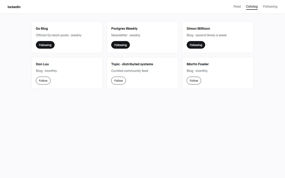 lockedin catalog of curated sources with follow buttons