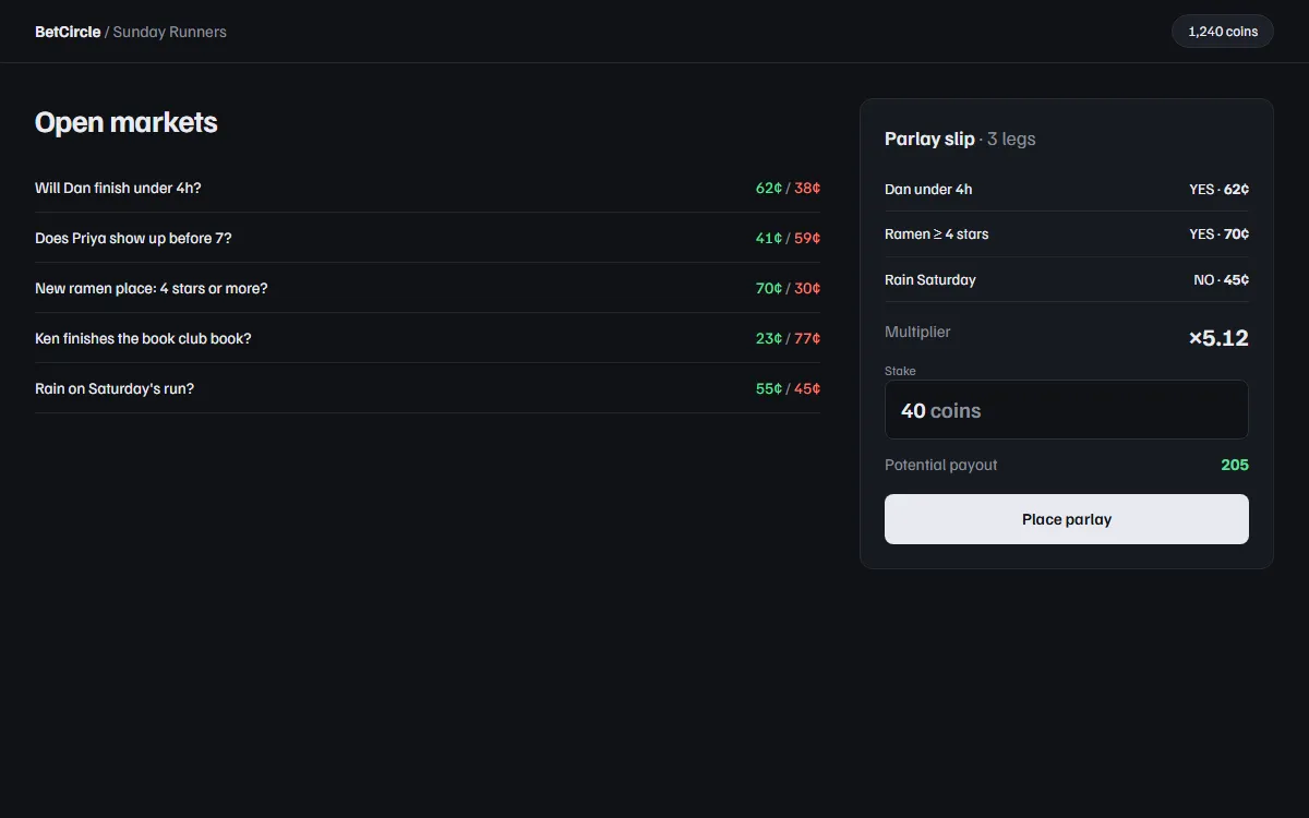 BetCircle parlay slip with three legs and the locked multiplier