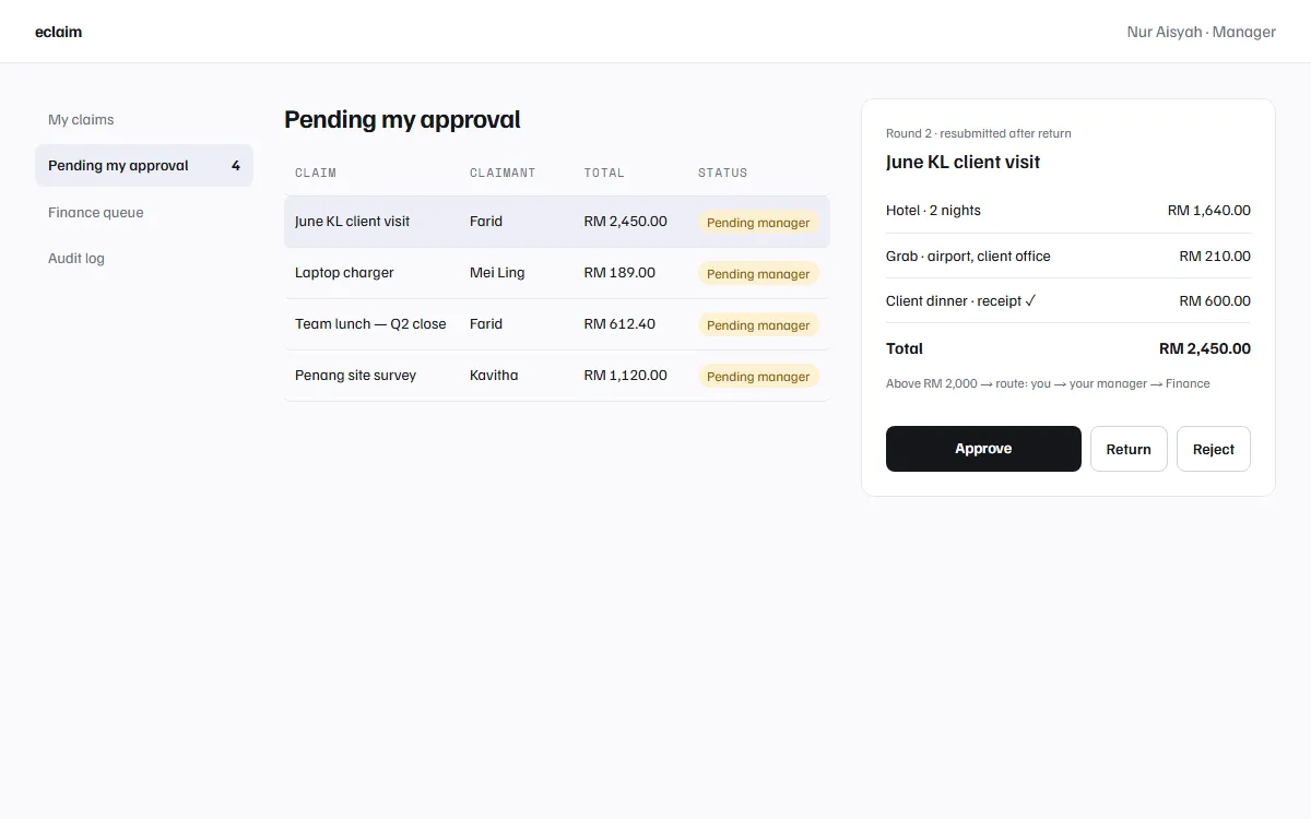 eclaim approver queue with a claim detail panel showing three line items and Approve, Return and Reject actions